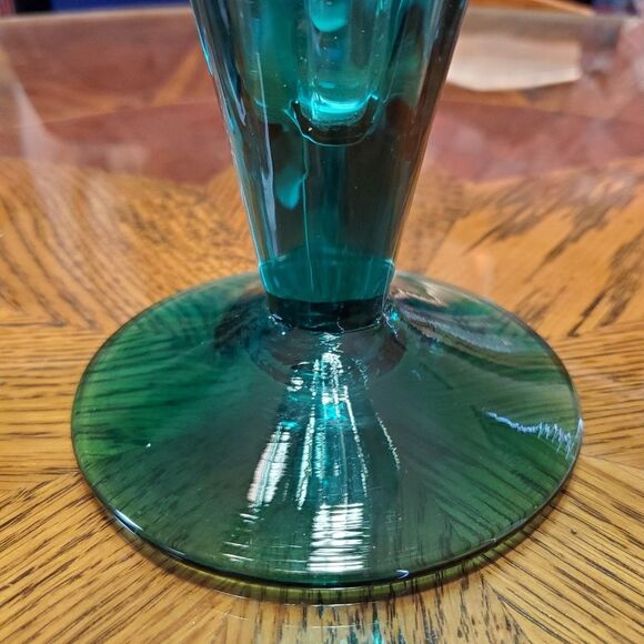 Mid Century Blenko Art Glass Blue Green Hand Blown Trumpet Vase - Picture 10 of 10